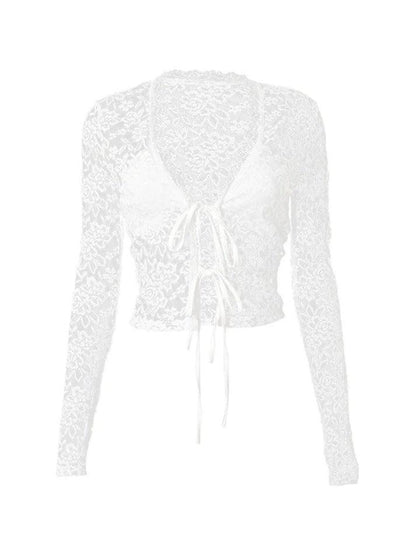 Lace Tie Front Cardigan Long Sleeve Blouse