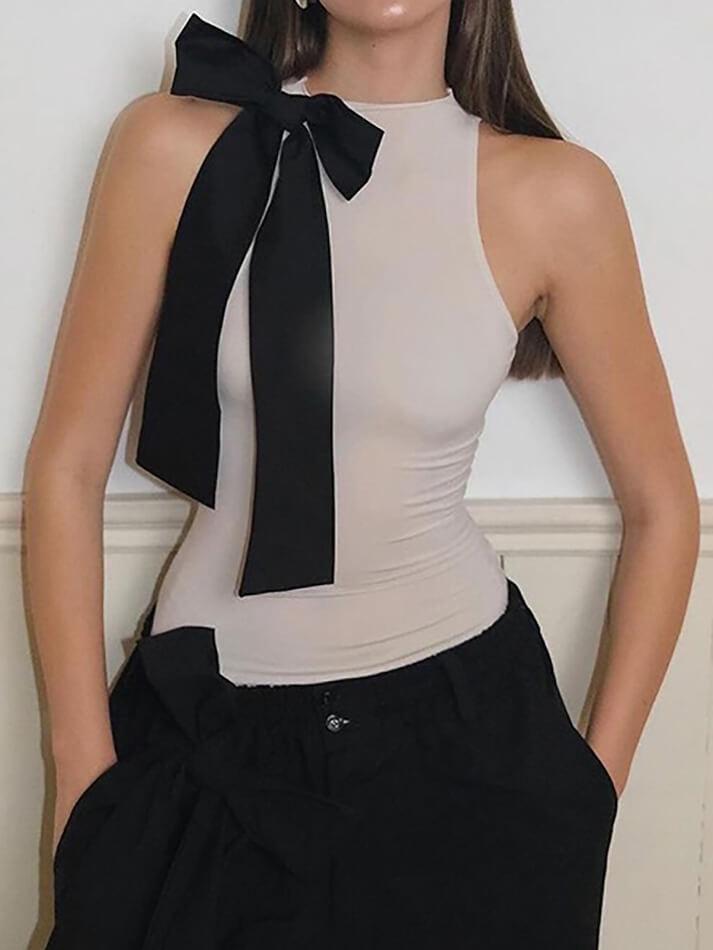 Sleeveless Crew Neck Bow Accent Bodysuit Top