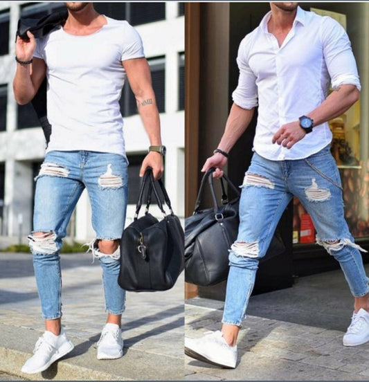 2025 Cross-border new models, ,  wish 2025 men's tight jeans, light-colored ripped pants