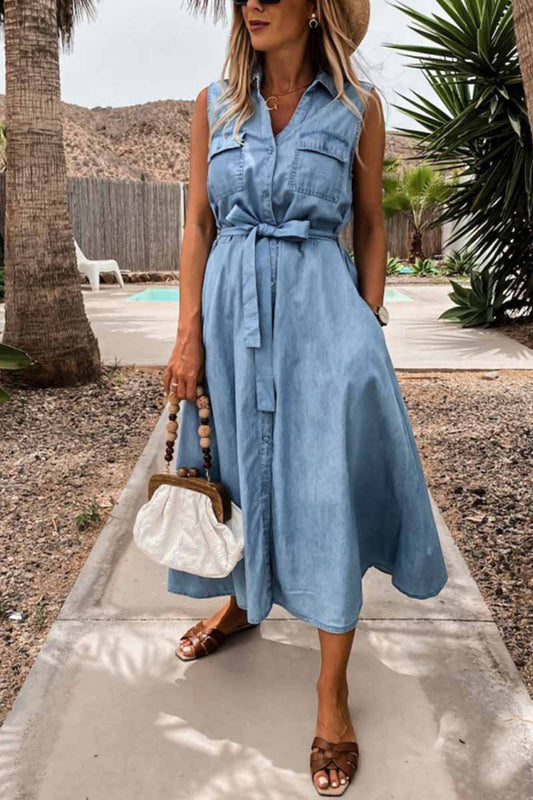 qgtao Sleeveless Lace-Up Single-Breasted Denim Midi Dress