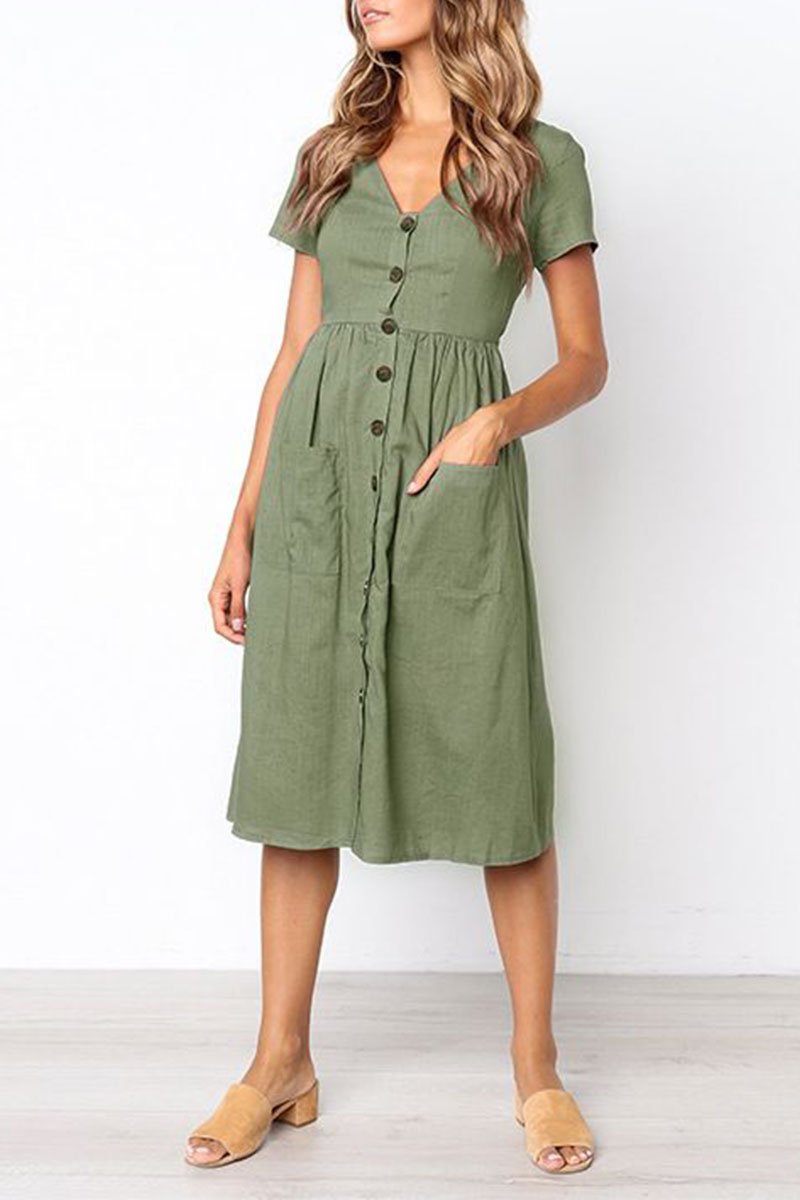 qgtao V-neck Pocket Midi Dress(4 Colors)