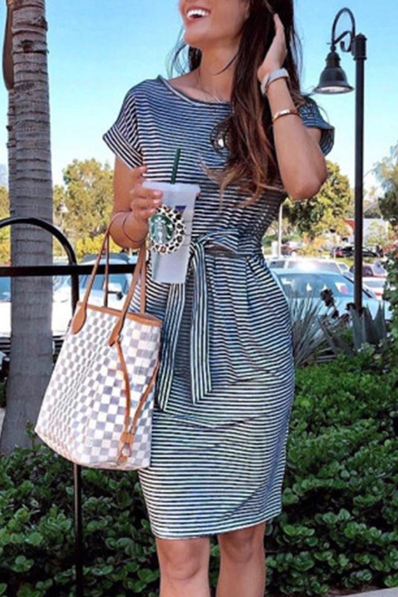 qgtao Striped Knot Design Grey Midi Dress(5 Colors)