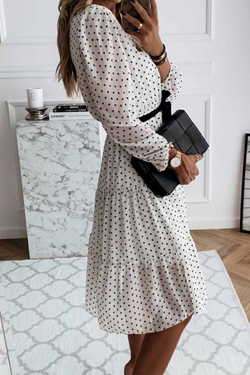 qgtao Elegant White Black Dot Print Round Neck Tie Midi Dress