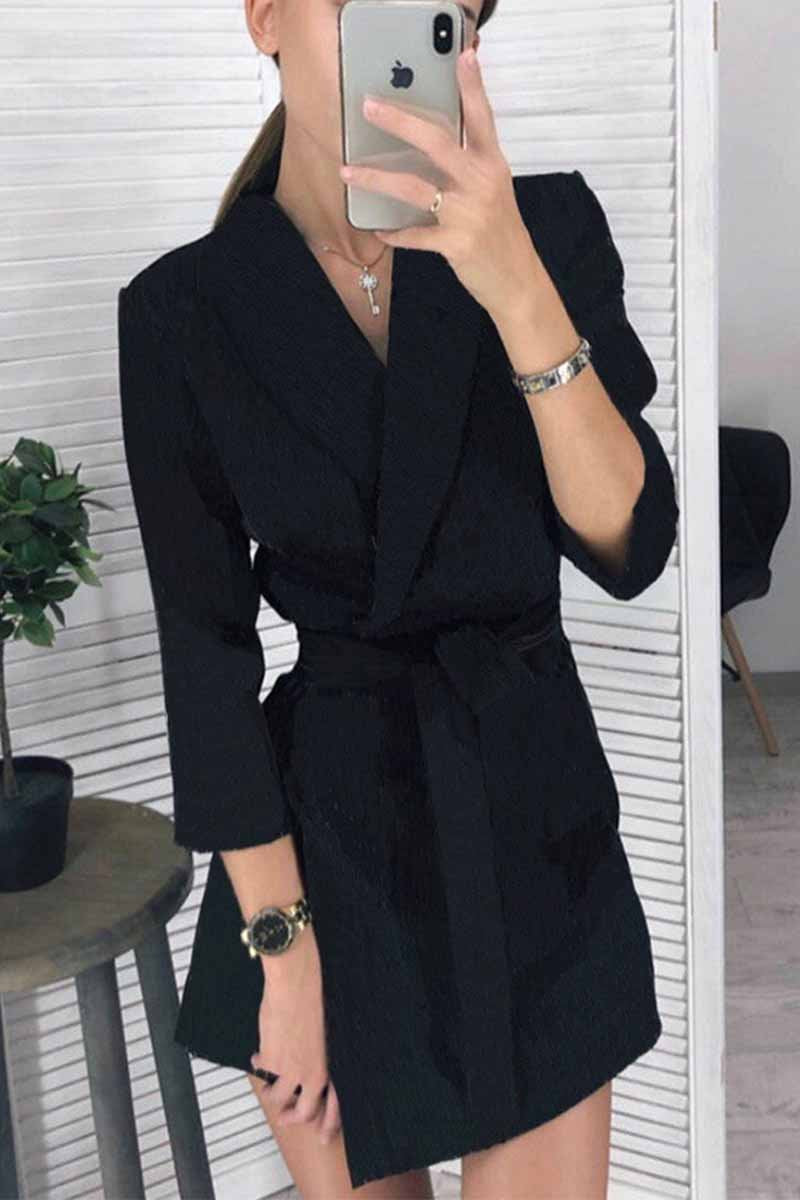 qgtao Solid Color Long Sleeve Suit Collar Mini Dresses(4 Colors)