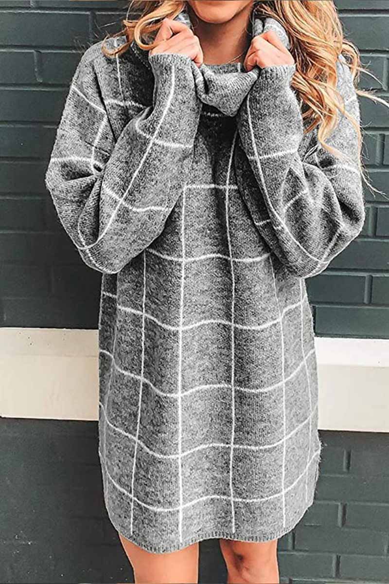 qgtao High Collar Plaid Loose Mini Dress