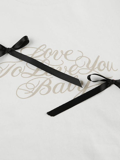 Short-Sleeve Crew Neck Lettering Bow T-Shirt