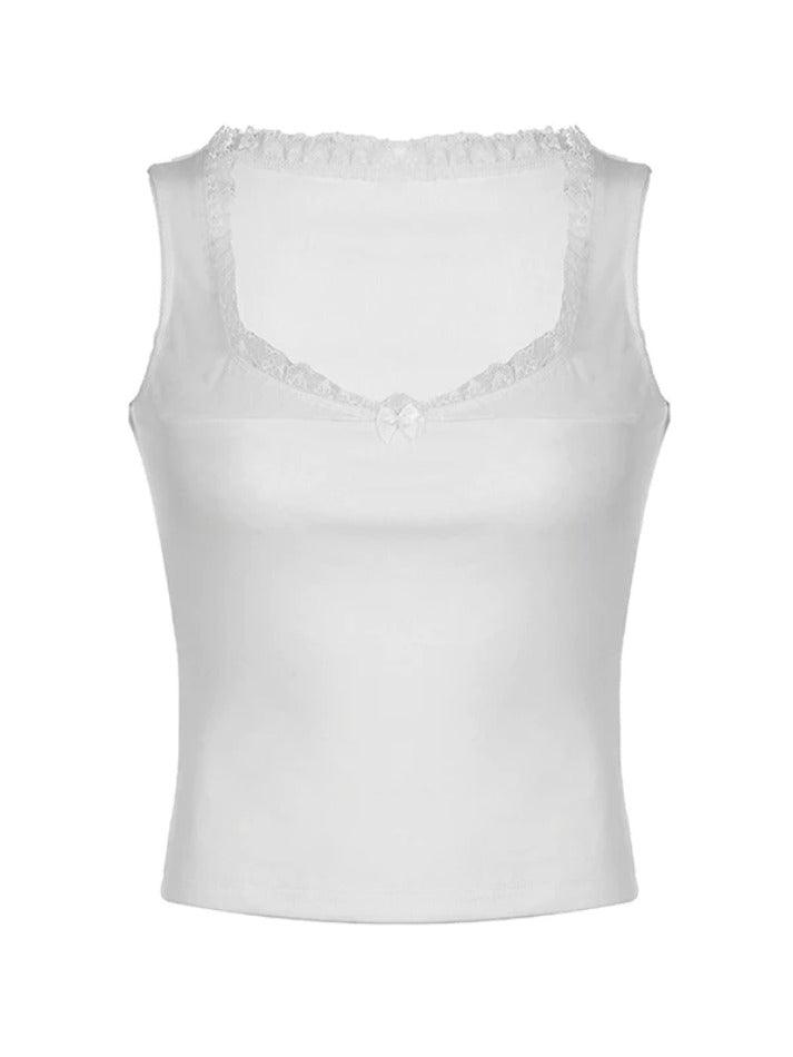 Square Collar Lace White Tank Top