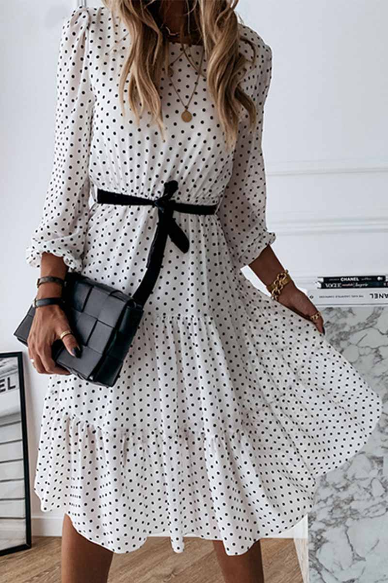 qgtao Elegant White Black Dot Print Round Neck Tie Midi Dress