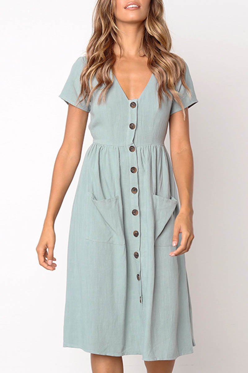 qgtao V-neck Pocket Midi Dress(4 Colors)