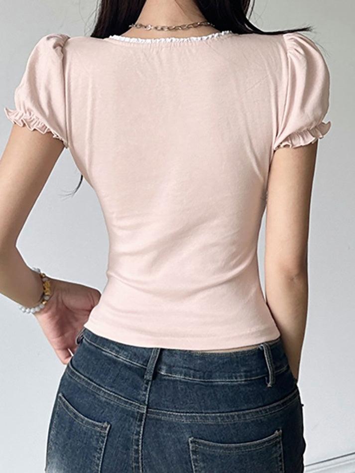 Ruffled-Trim Ribbon Bow Accent Slim-Fit Crop Top