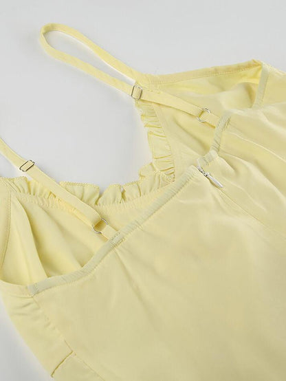 Spaghetti Strap V-Neck Ruffle Slit Hem Plain Top