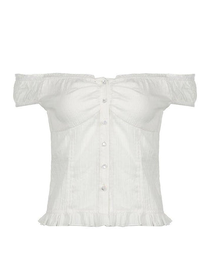 Ruffled-Trim Lace Panel Plain Button-Up Camisole Top