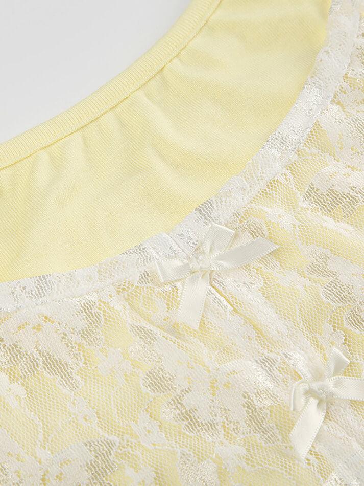 Lace Patchwork Yellow Bow Cami Tank Top