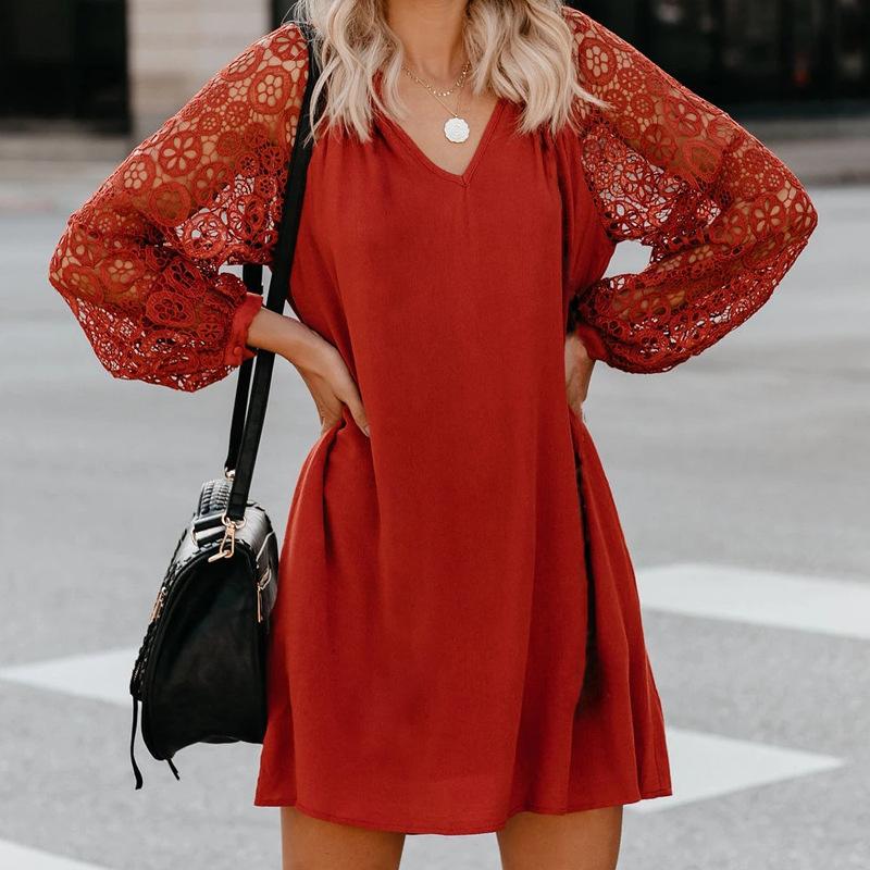 qgtao V-Neck Lace Mini Dress