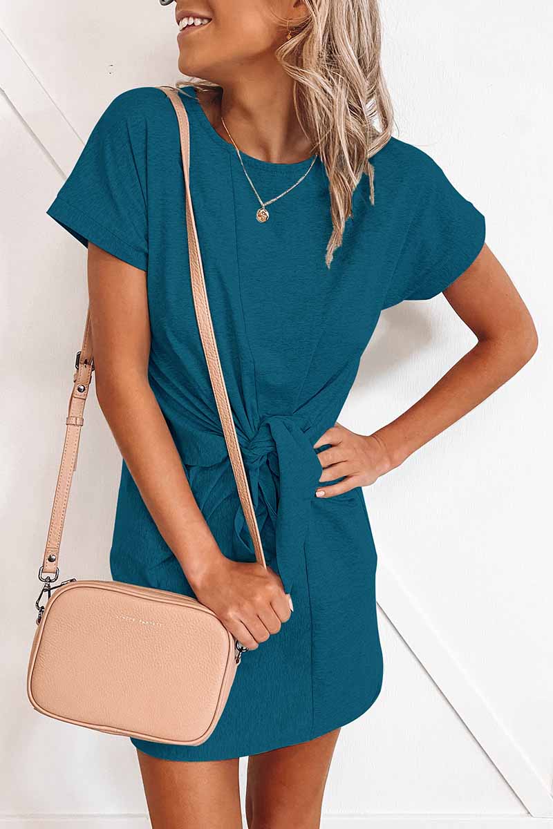 qgtao Loose Tie Solid Color Short Sleeves Mini Dress(6 colors)