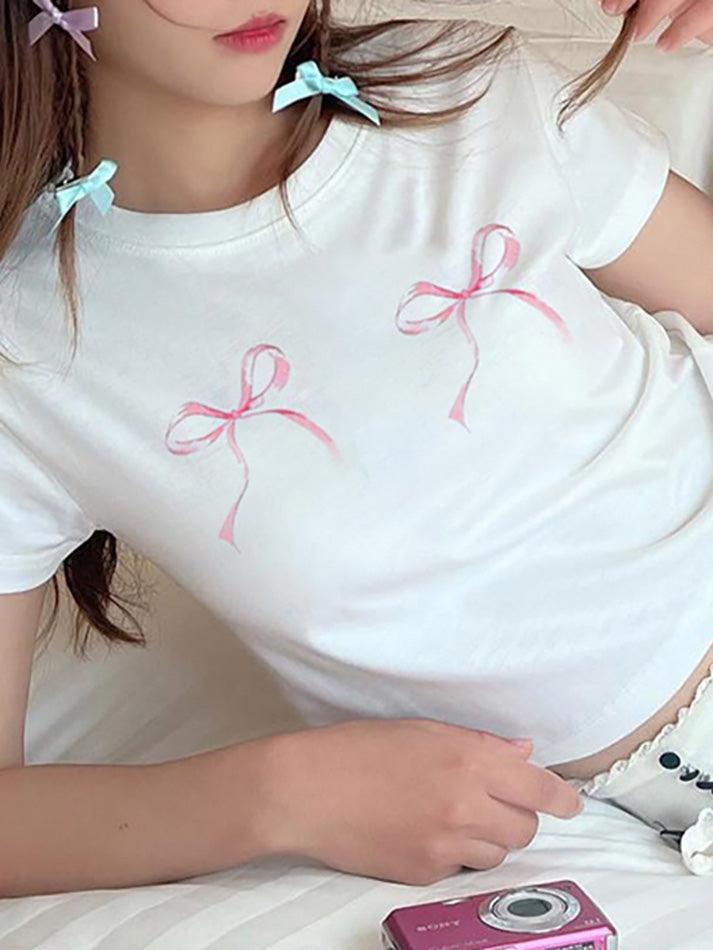 Short-Sleeve Crew Neck Bow Print Crop T-Shirt