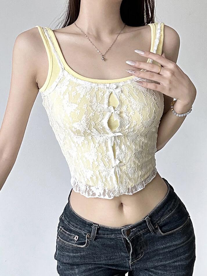 Lace Patchwork Yellow Bow Cami Tank Top