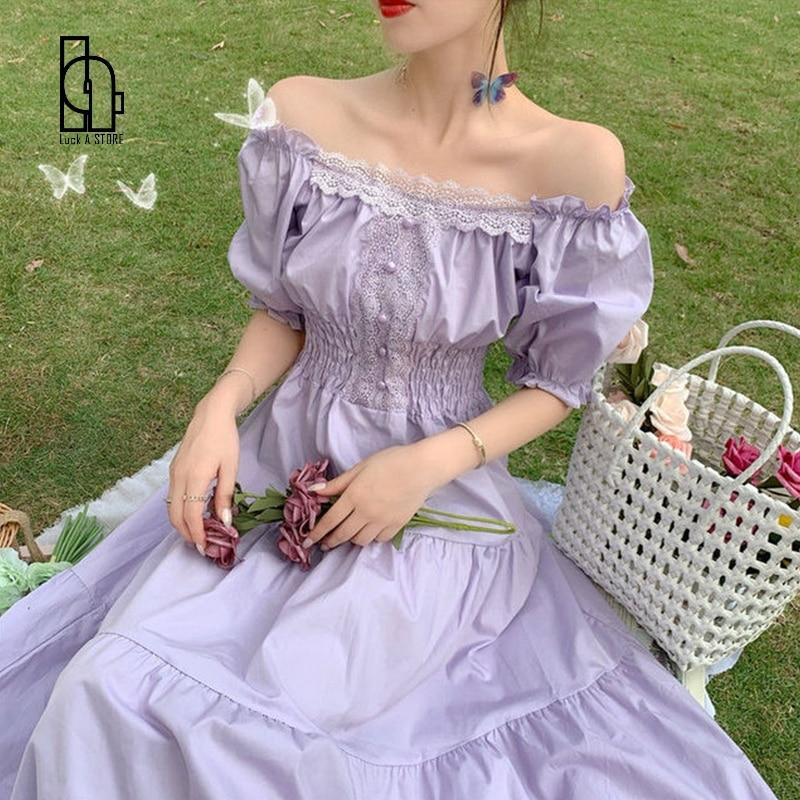 qgtao Summer Purple Elegant Lace Long Maxi Dress Vintage Square Collar French Princess Dresses Casual Holiday Party Dress