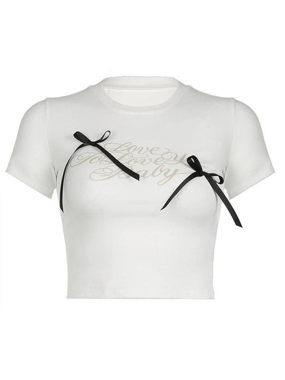 Short-Sleeve Crew Neck Lettering Bow T-Shirt