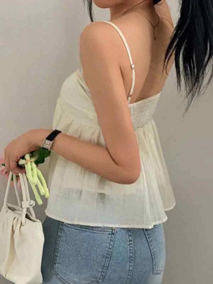 Solid Color Pleated Lace Up Cami Top