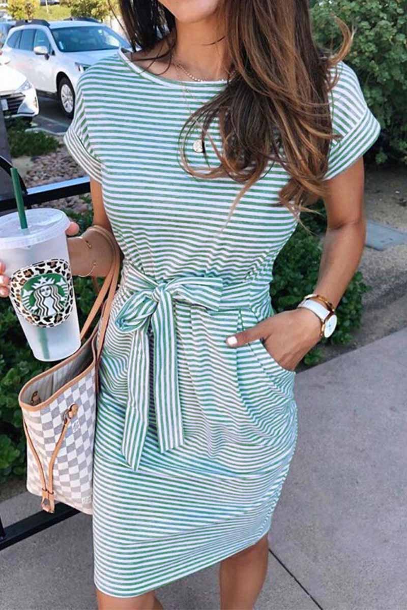 qgtao Striped Knot Design Grey Midi Dress(5 Colors)