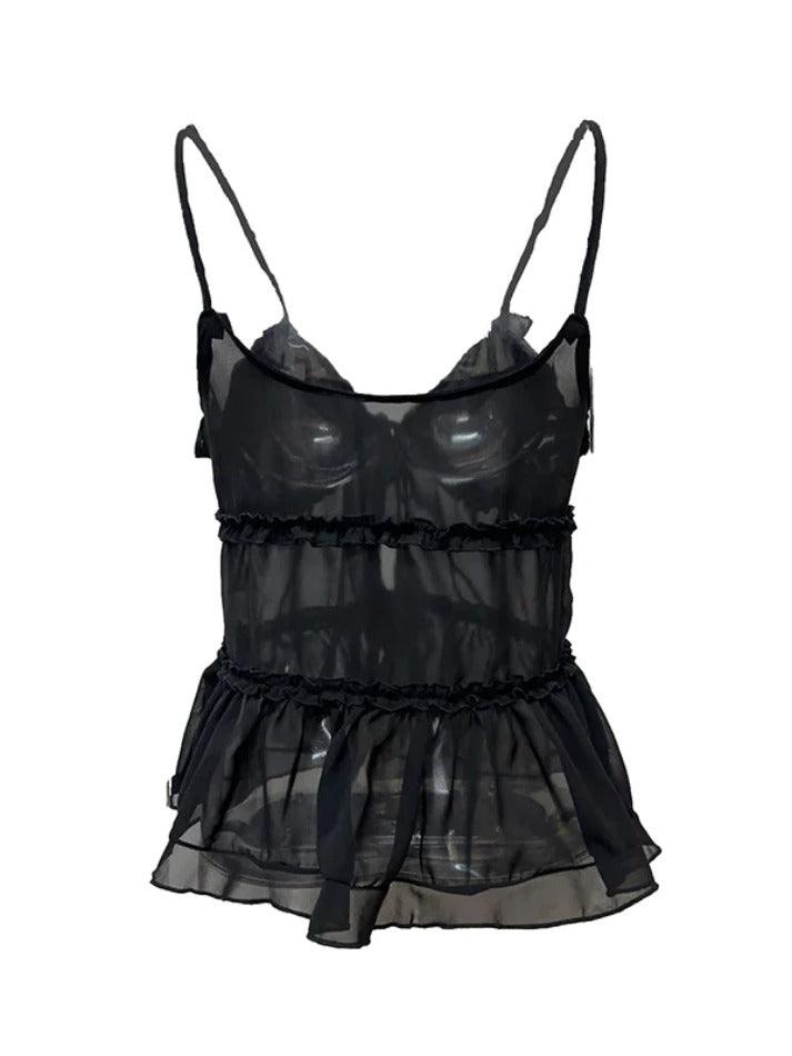 See Through Ruffled Trim Tie Up Cami Top