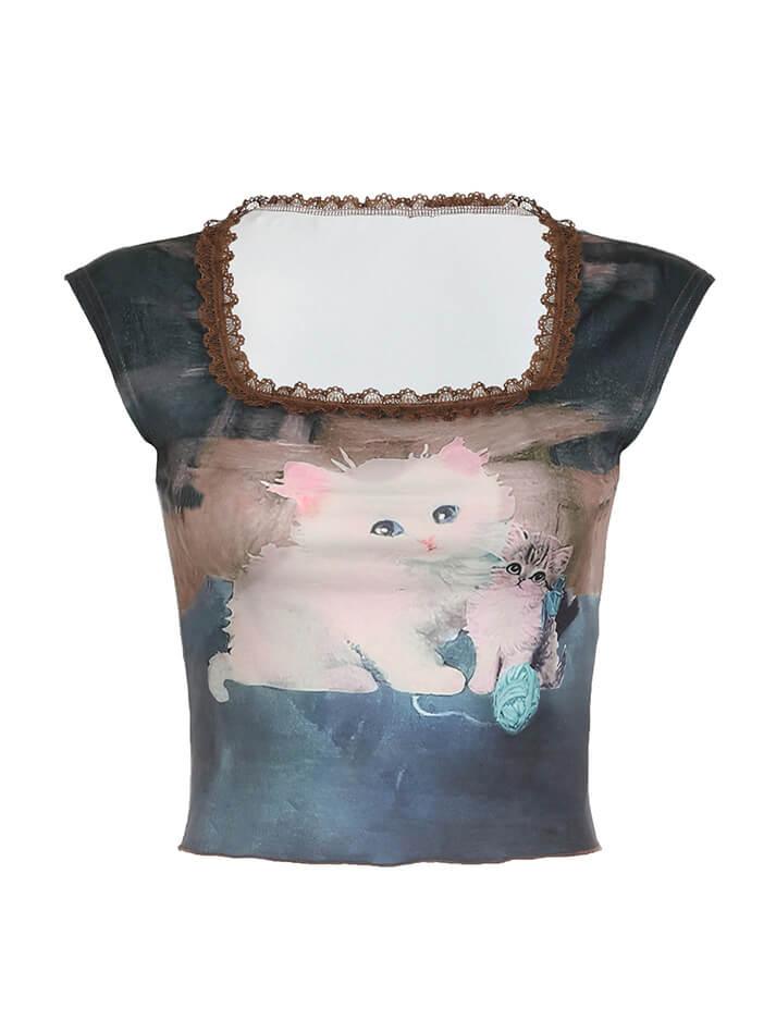 Cat Printed Lace Patchwork Top