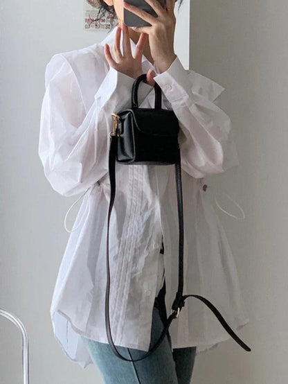 Pleated Drawstring Long Sleeve Blouse