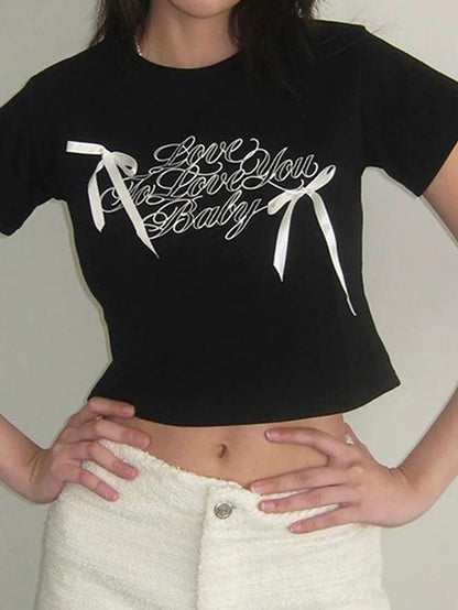 Short-Sleeve Crew Neck Lettering Bow T-Shirt