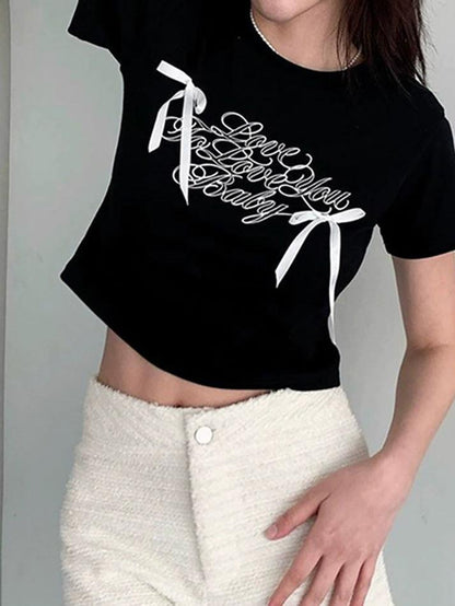 Short-Sleeve Crew Neck Lettering Bow T-Shirt