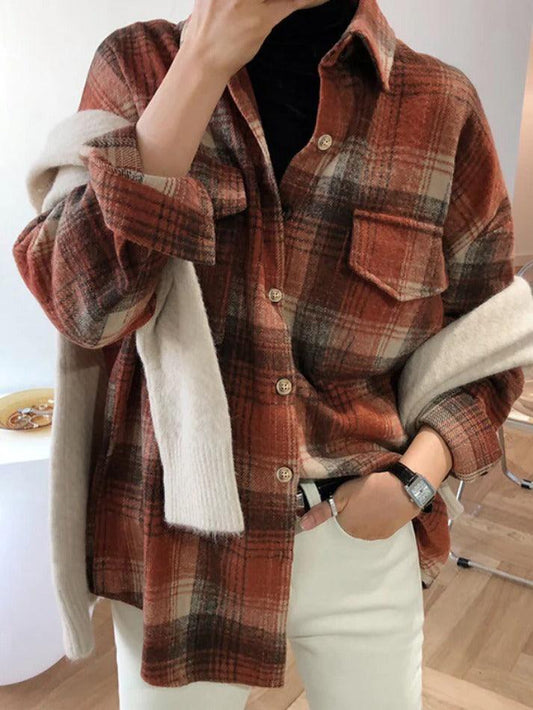 Vintage Plaid Brushed Long Sleeve Blouse