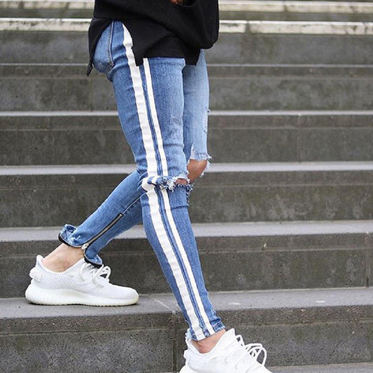 2025 Cross-border special for men's knee ripped jeans, autumn new sports slim-fitting trousers, men's clothing, 2025 pants