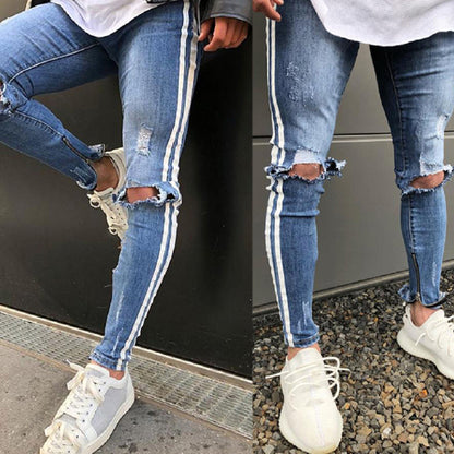 2025 Cross-border special for men's knee ripped jeans, autumn new sports slim-fitting trousers, men's clothing, 2025 pants