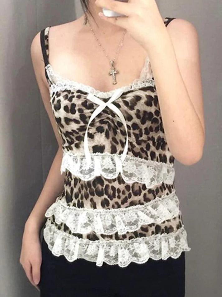 Leopard Print Lace Bow Splice Cami Top