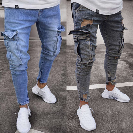2025 Cross-border 2025 hot sale  elastic men's jeans trend knee hole zipper small feet trousers wholesale