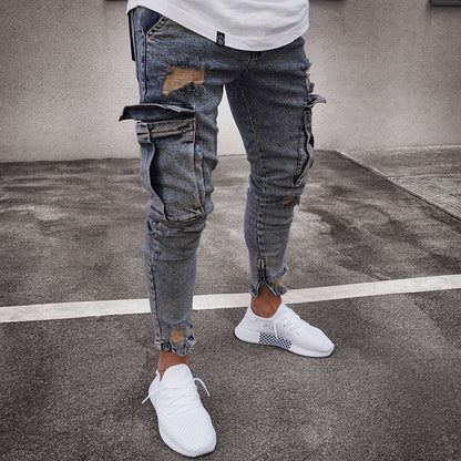 2025 Cross-border 2025 hot sale  elastic men's jeans trend knee hole zipper small feet trousers wholesale