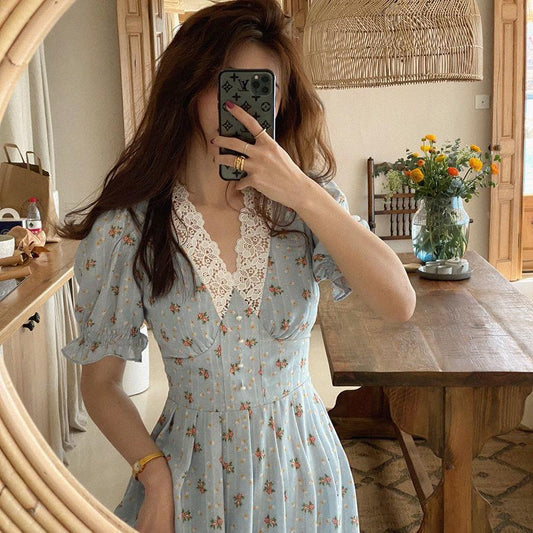 qgtao Vintage Floral Dress Women Elegant Lace Chiffon Korean Party Dress Puff Sleeve V Neck Midi Dress Cottagecore Dresses Women 2024