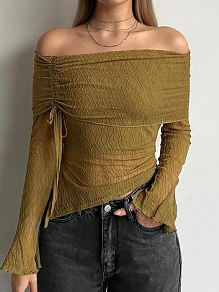 Texture Off Shoulder Asymmetrical Tie Mesh Top