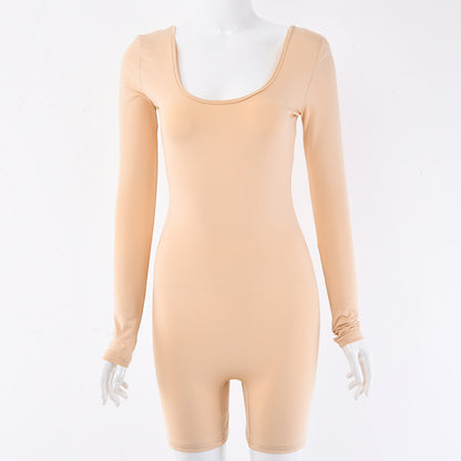 2025  women's clothing spring and summer new sexy solid color U-neck chest long-sleeved one-piece elastic shorts backless jumpsuit