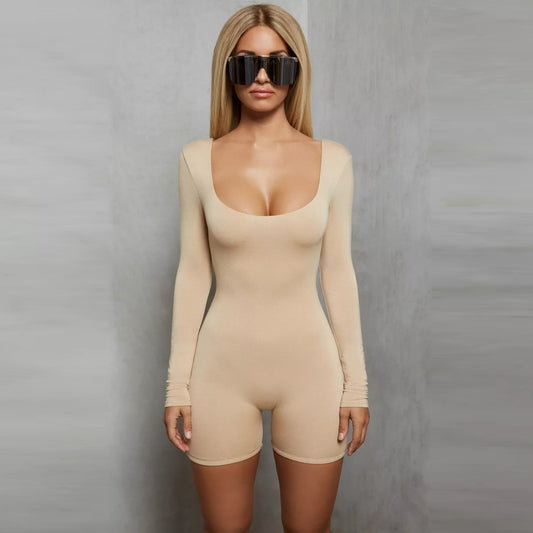 2025  women's clothing spring and summer new sexy solid color U-neck chest long-sleeved one-piece elastic shorts backless jumpsuit