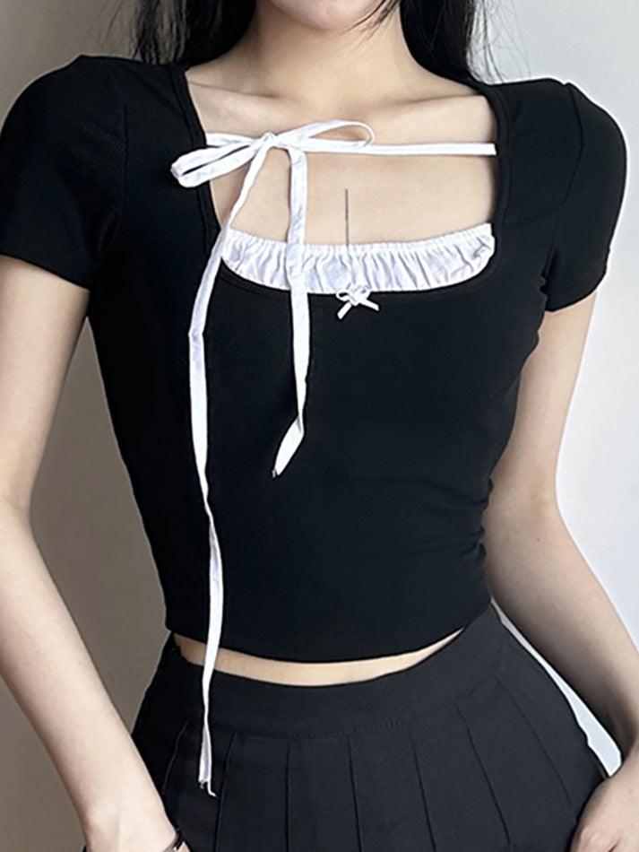 Contrast Stitching Short-Sleeved Square Collar Slim Top