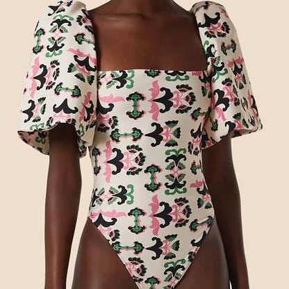 Print Twisted Flower Puff Sleeve Swimsuit New Sexy Bikini 2022 Plus Size Tankini Women Swimming Suits Women Swimwear 2024