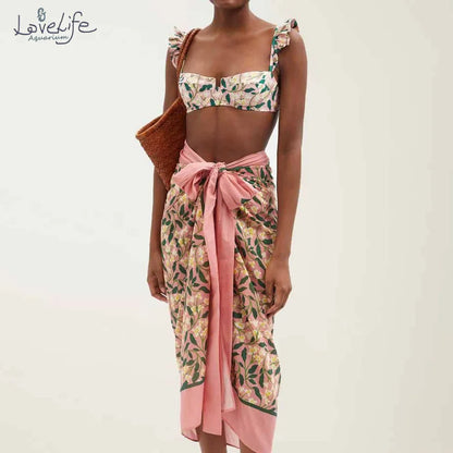 qgtao Pink Fashion Floral Print Bikini Set Cover Up Two Pieces Plus Size Tankini Women Swimming Suits Swimwear Patchwork With Skirt