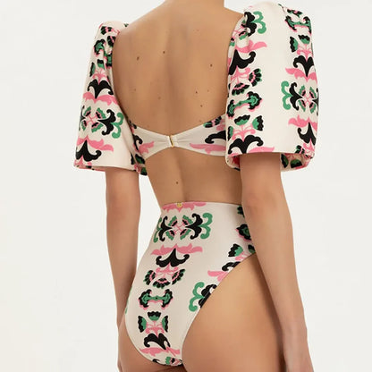 Print Twisted Flower Puff Sleeve Swimsuit New Sexy Bikini 2022 Plus Size Tankini Women Swimming Suits Women Swimwear 2024