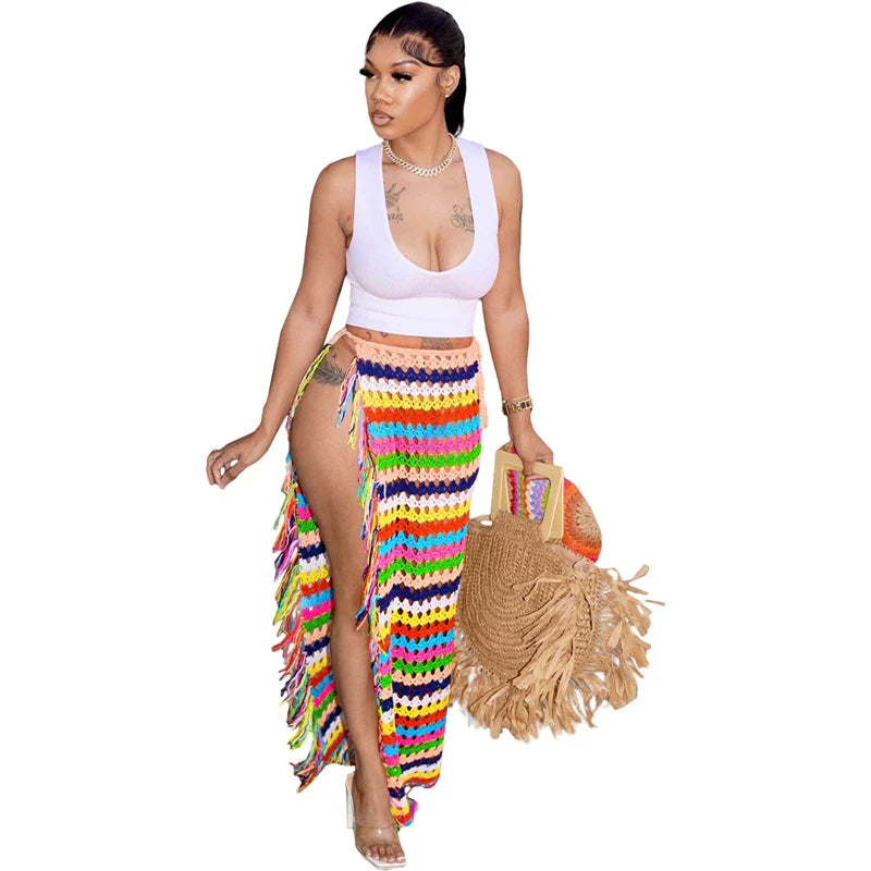 qgtao Colorful Hand Crochet Tassel Maxi Skirts Women Fashion Sexy Side High Split Knitted Long Beach Cover Ups Casual Petticoats