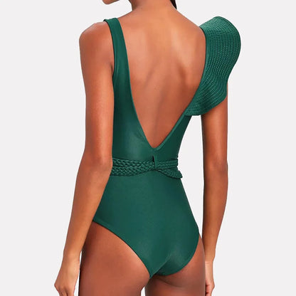 qgtao Plus Size Swimwear Women 2024 Luxury Sexy One Piece Swimsuits Deep-V Micro Bikini Shoulder Solid Ruffled Beach Bathing Suit
