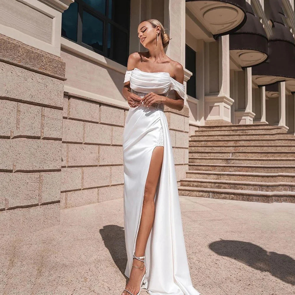 qgtao   Elegant Solid White Wedding Dresses off The Shoulder Side Slit Satin Tight Formal Bride Dress Lace Pleated Bridal Gown