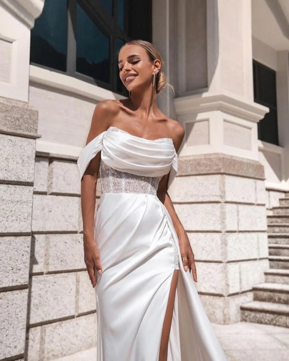 qgtao   Elegant Solid White Wedding Dresses off The Shoulder Side Slit Satin Tight Formal Bride Dress Lace Pleated Bridal Gown