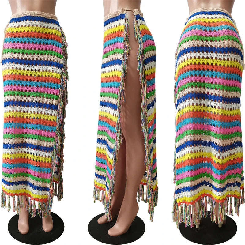 qgtao Colorful Hand Crochet Tassel Maxi Skirts Women Fashion Sexy Side High Split Knitted Long Beach Cover Ups Casual Petticoats