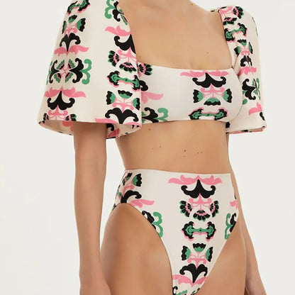 Print Twisted Flower Puff Sleeve Swimsuit New Sexy Bikini 2022 Plus Size Tankini Women Swimming Suits Women Swimwear 2024